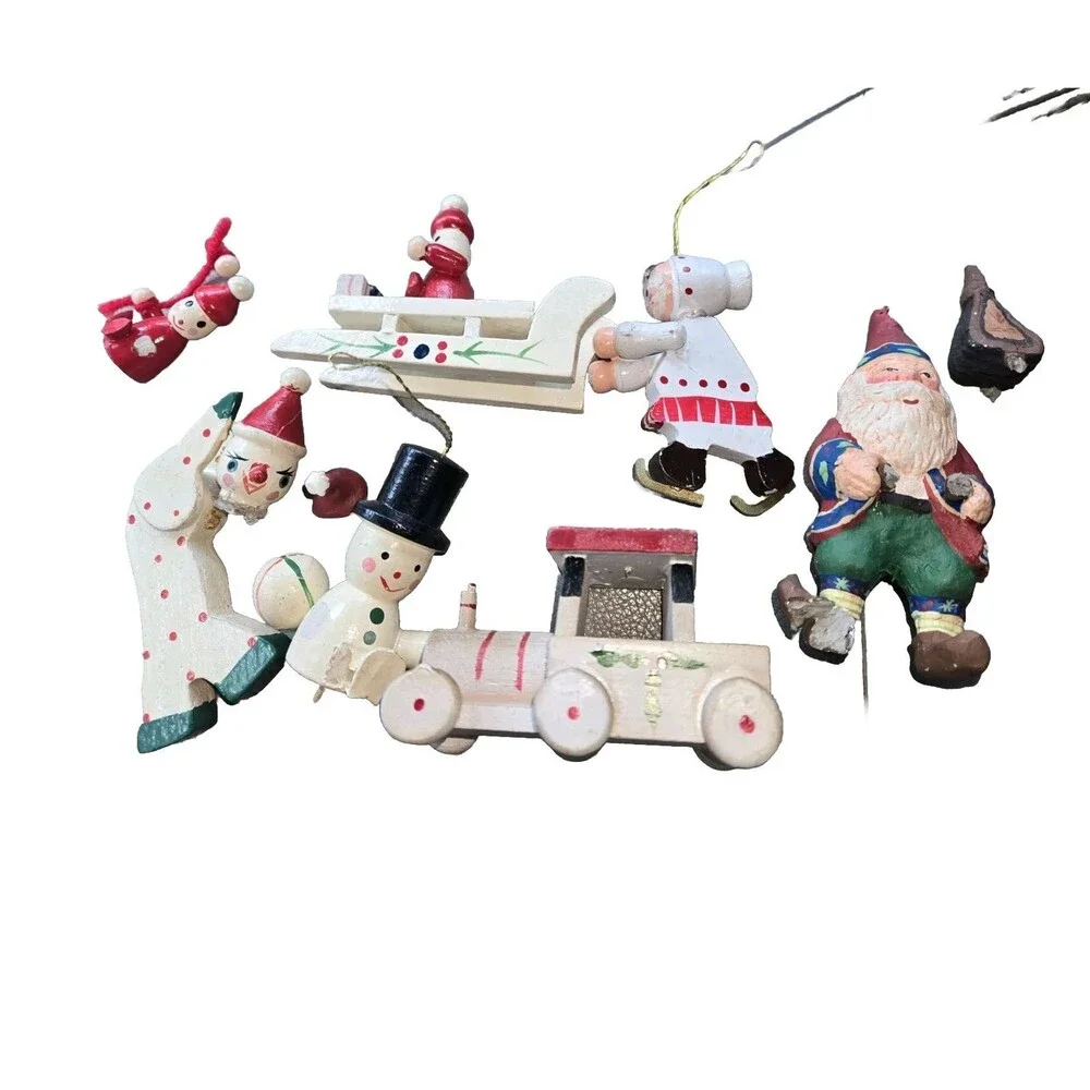 Vintage All Wood Hand Crafted & Painted Broken Christmas Ornaments Lot Train